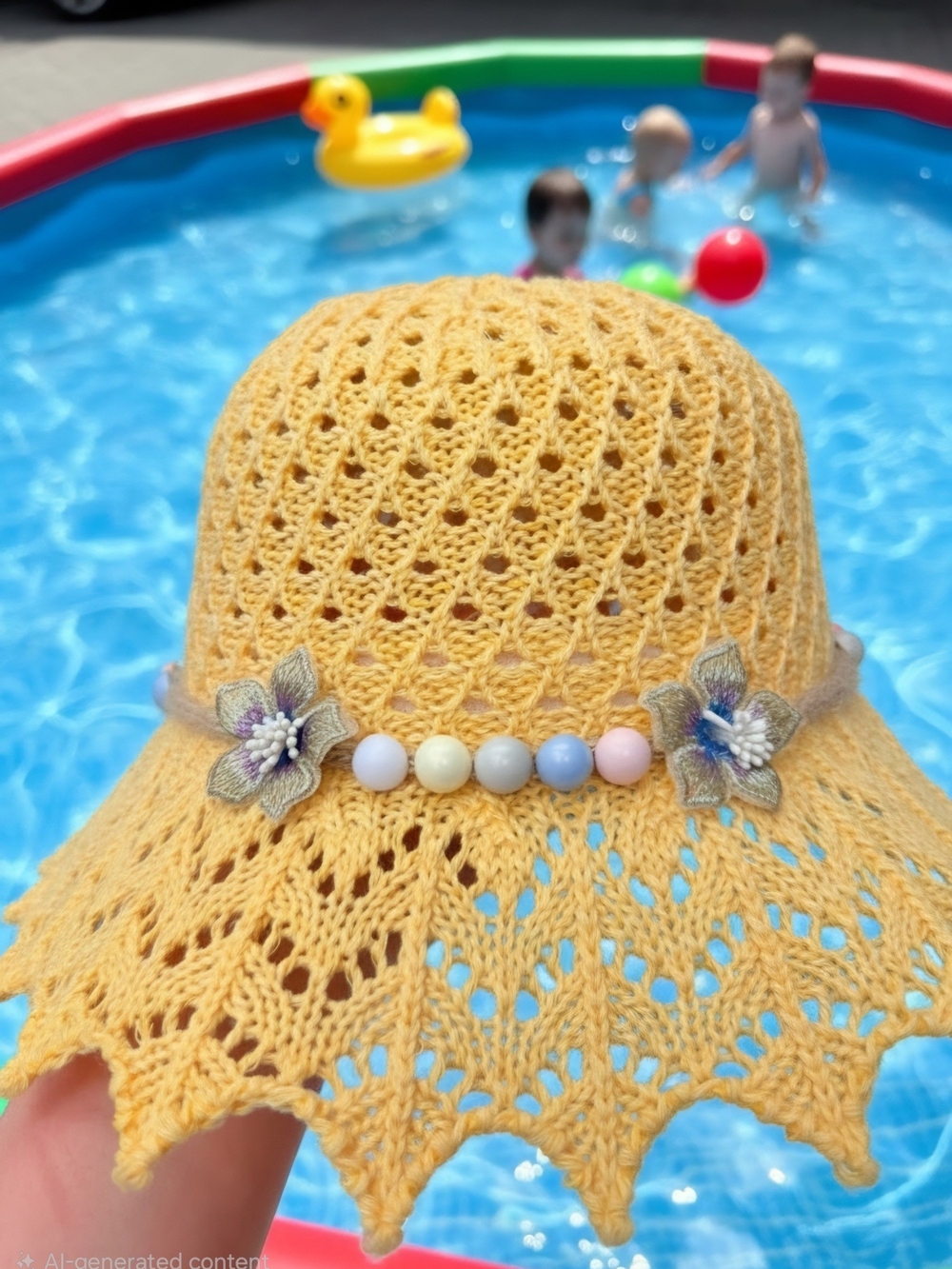 Girls' Yellow Crochet Sun Hat with Floral Beads - Kids Accessories